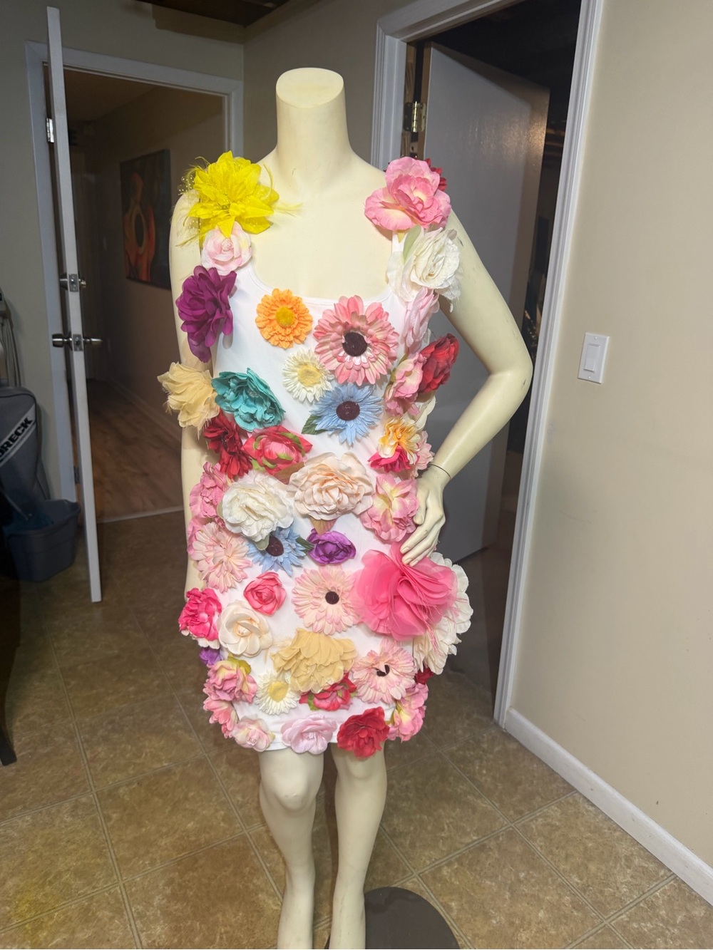 Fashion Nova White Floral Appliqué Mini Dress with Multicolor Blooms